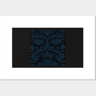 Dark Dusty Blue on Black Gothic Royal Medieval Damask Scrolls Posters and Art